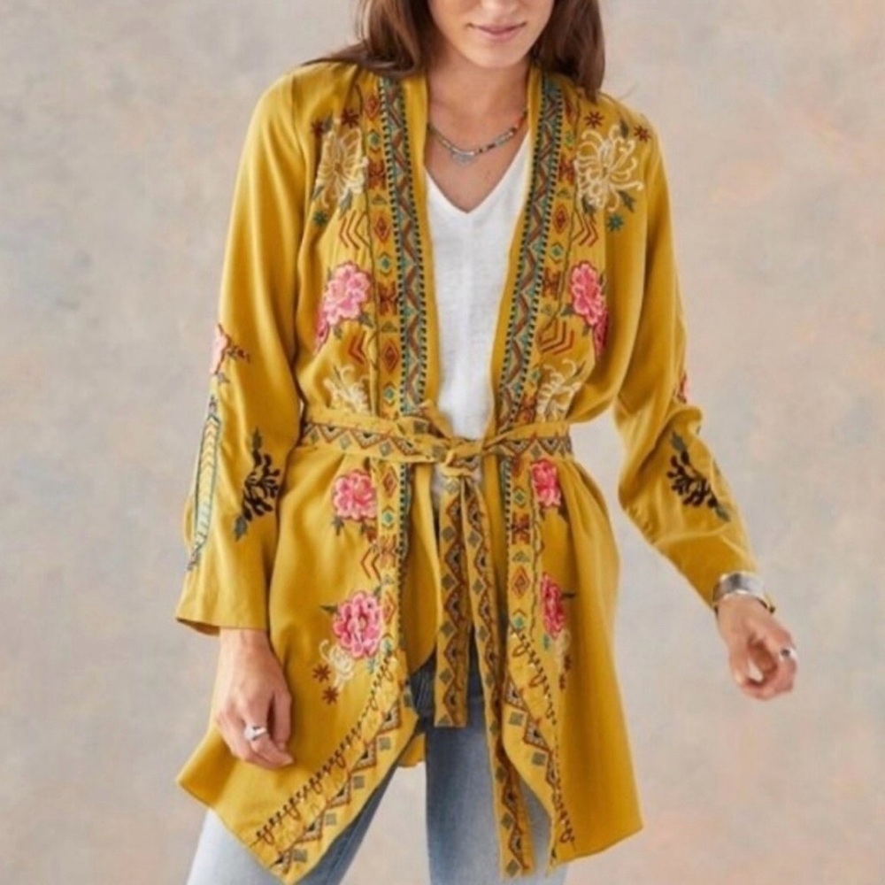 DRIFTWOOD Mustard Embroidered Kimono Jacket Sz M